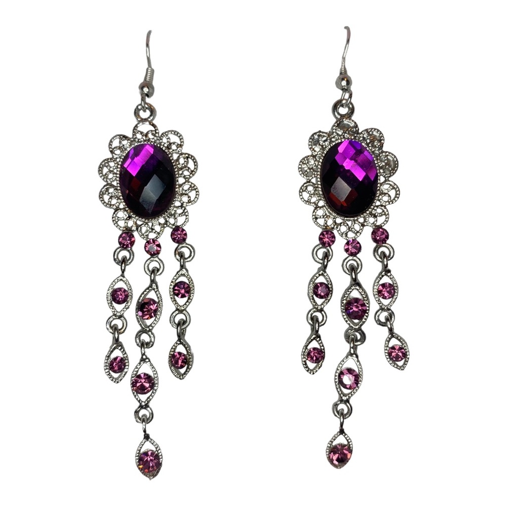 Silver Filigree Chandelier Earrings with Purple Crystals
